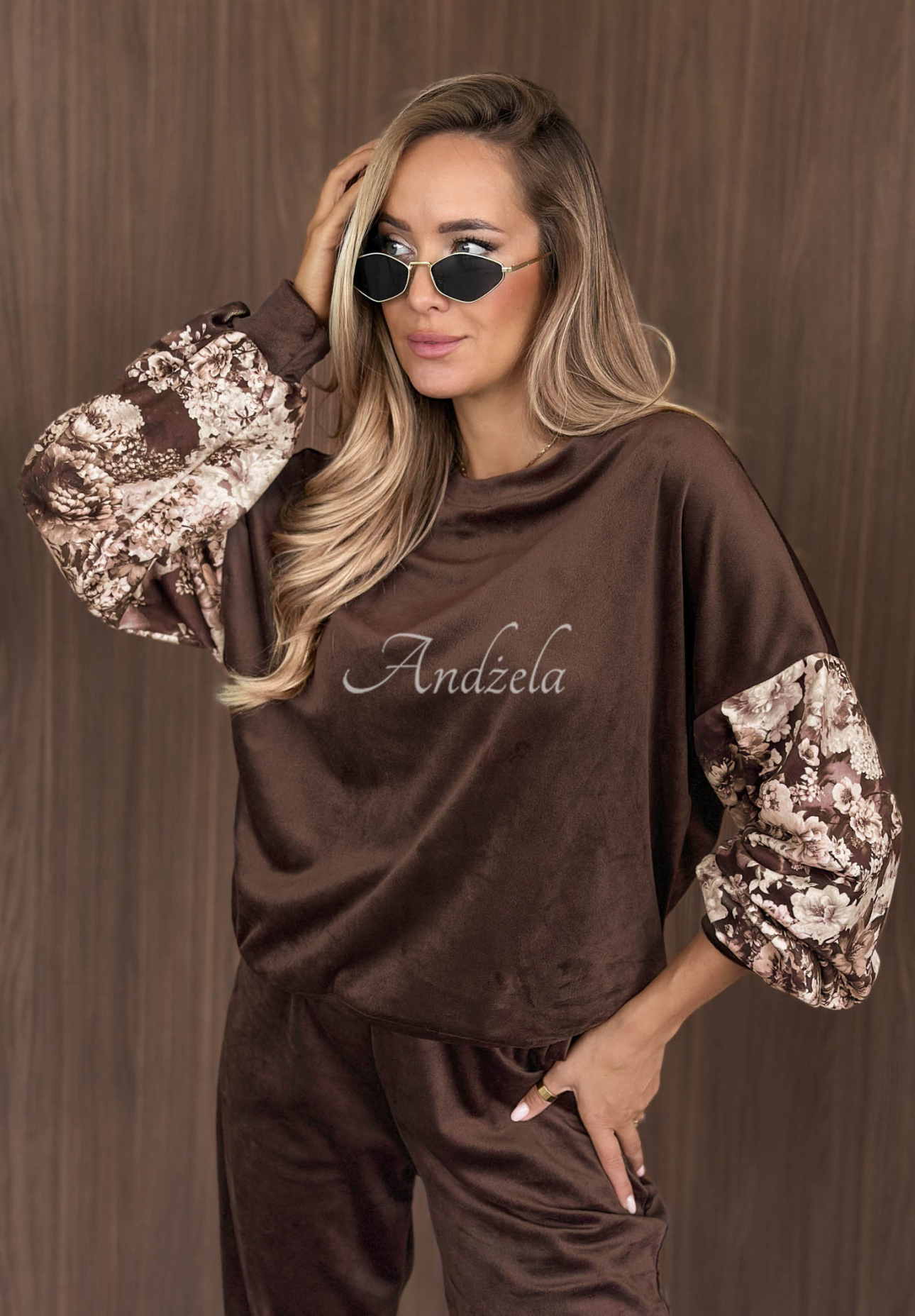 Set de trening din catifea de bumbac cu mâneci cu imprimeu floral Flora Cold