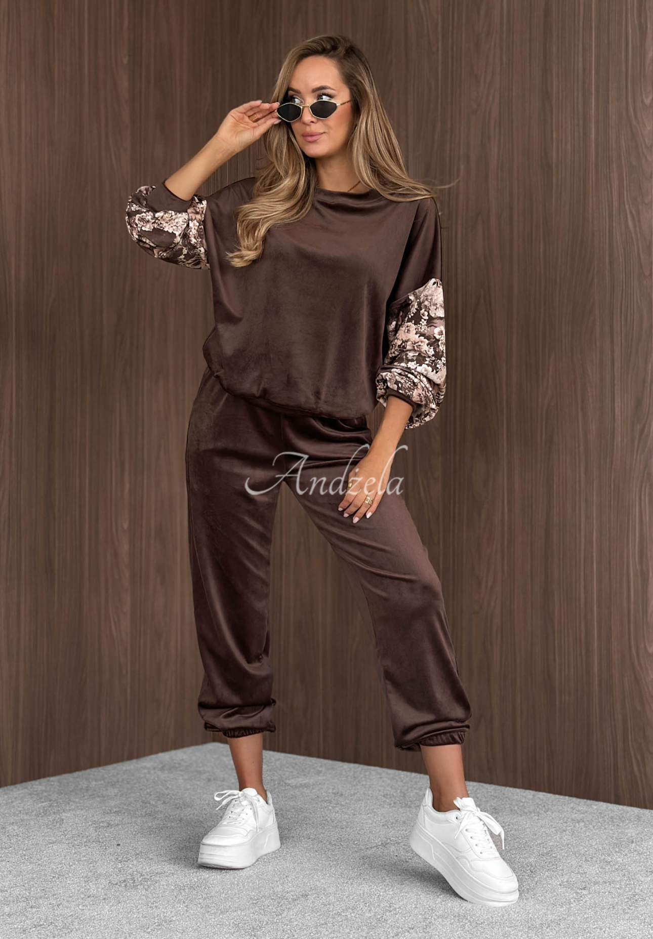 Set de trening din catifea de bumbac cu mâneci cu imprimeu floral Flora Cold