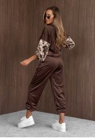 Welurowy Compleu de trening z rękawami w kwiaty Flora Cold mokka
