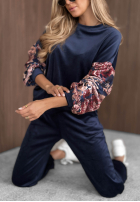 Welurowy Compleu de trening z rękawami w kwiaty Flora Cold mokka