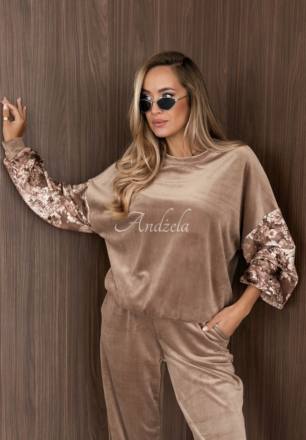 Set de trening din catifea de bumbac cu mâneci cu imprimeu floral Flora Cold