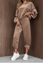 Welurowy Compleu de trening z rękawami w kwiaty Flora Cold mokka