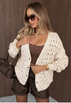 Krótki ażurowy Cardigan z zapięciem Knit Haven bej