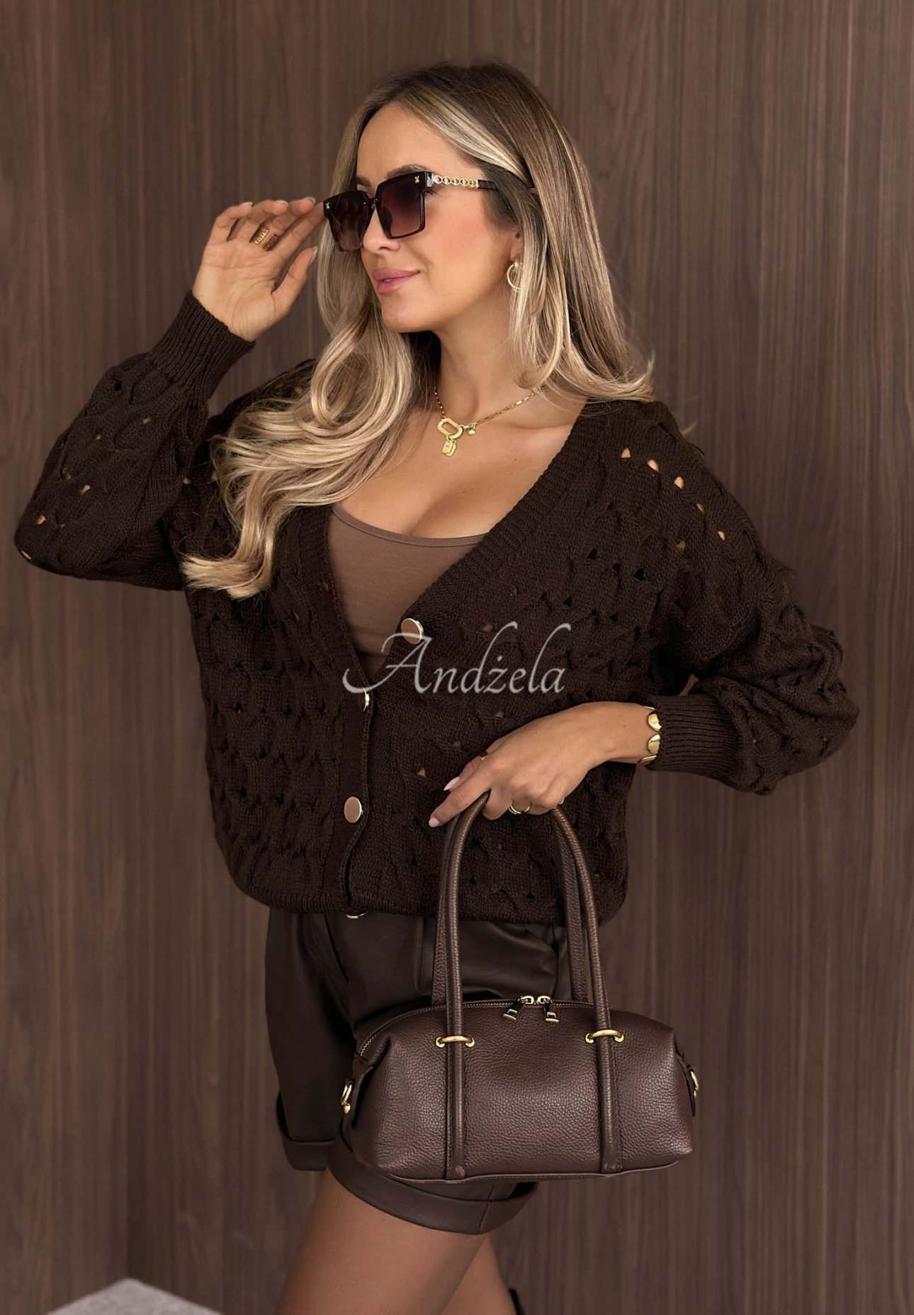 Cardigan scurt ajurat cu închidere Knit Haven
