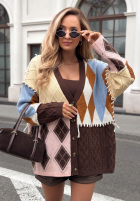 colorat Pulover Cardigan w romby z zapięciem Misty Amour ciocolatiu