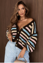 Pulover Cardigan w paski z zapięciem Warm Romance niebiesko-ciocolatiu