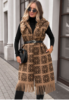 Długi Cardigan cu modele z frędzlami i paskiem Rain Check camel