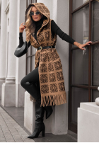 Długi Cardigan cu modele z frędzlami i paskiem Rain Check camel