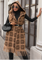 Długi Cardigan cu modele z frędzlami i paskiem Rain Check camel