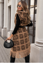 Długi Cardigan cu modele z frędzlami i paskiem Rain Check camel