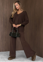 Dzianinowy Compleu Pulover i Pantaloni wide leg Faded Skies ciocolatiu