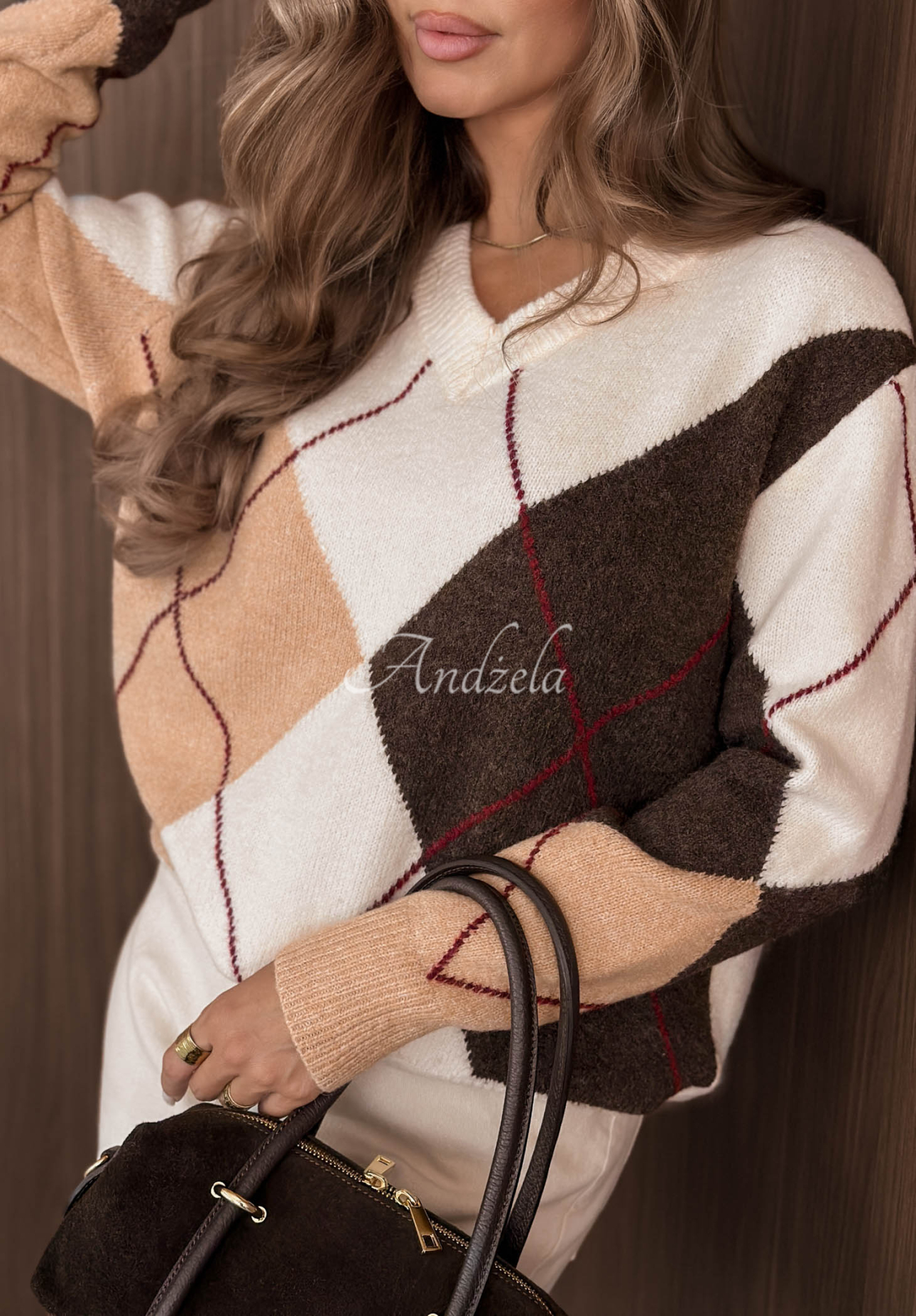Pulover scurt cu decolteu și model în romburi Classy Autumn