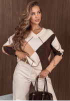 Krótki Pulover z dekoltem w romby Classy Autumn ecru
