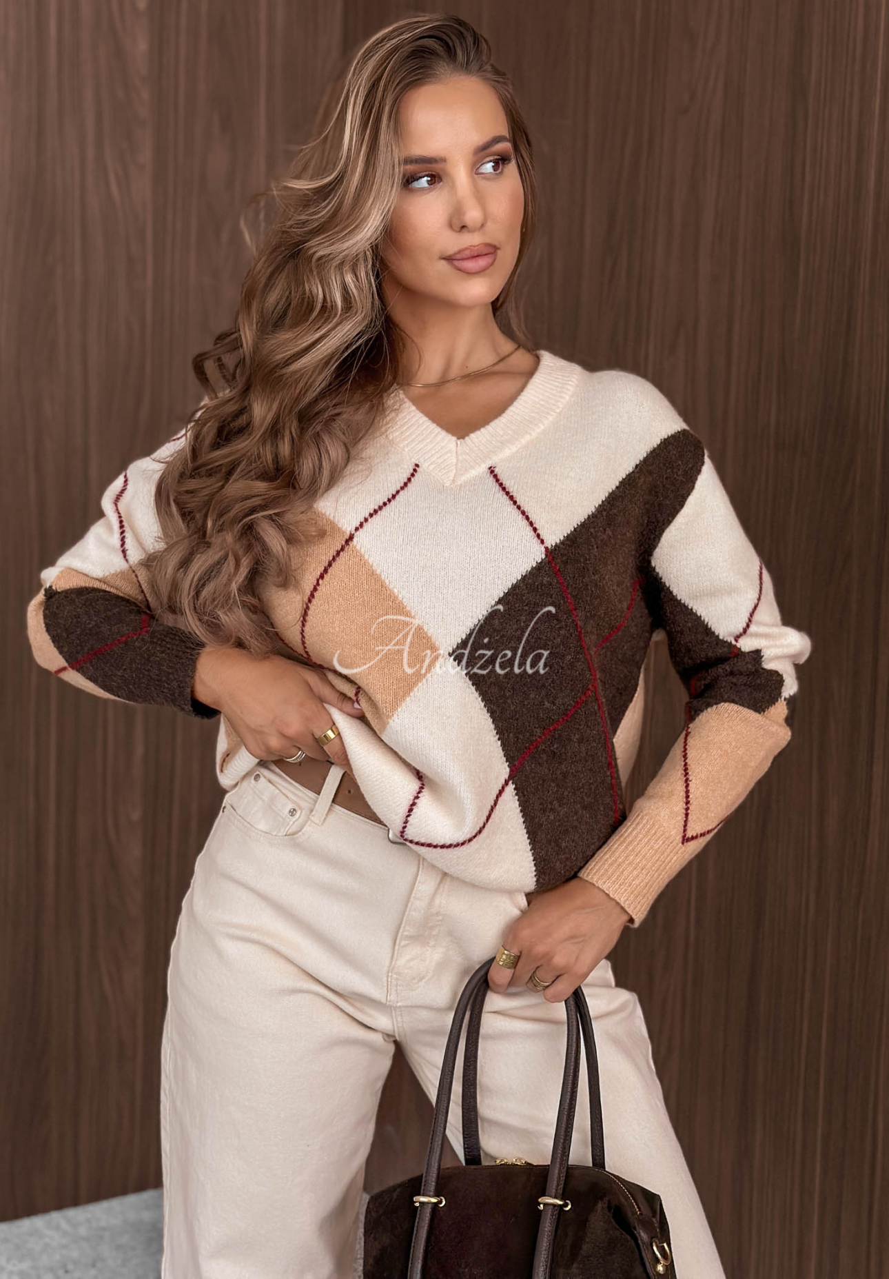 Pulover scurt cu decolteu și model în romburi Classy Autumn