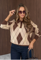 Pulover z kołnierzem w romby Caramel Clouds ciocolatiu