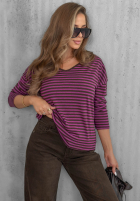 Bluză longsleeve z dekoltem w paski Lovely Autumn beżowo-ciocolatie