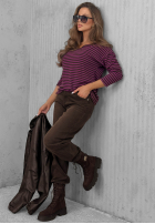 Bluză longsleeve z dekoltem w paski Lovely Autumn beżowo-ciocolatie