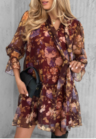 Kwiecista Rochie z wiązaniem i falbankami Rusty Rose burgundowa