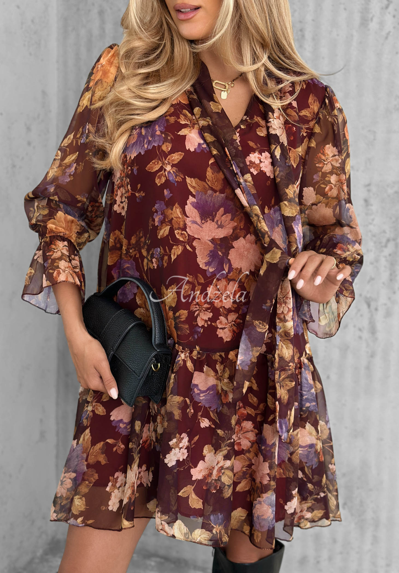 Rochie cu imprimeu floral, cordon și volănașe Rusty Rose