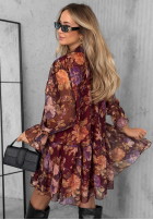 Kwiecista Rochie z wiązaniem i falbankami Rusty Rose burgundowa