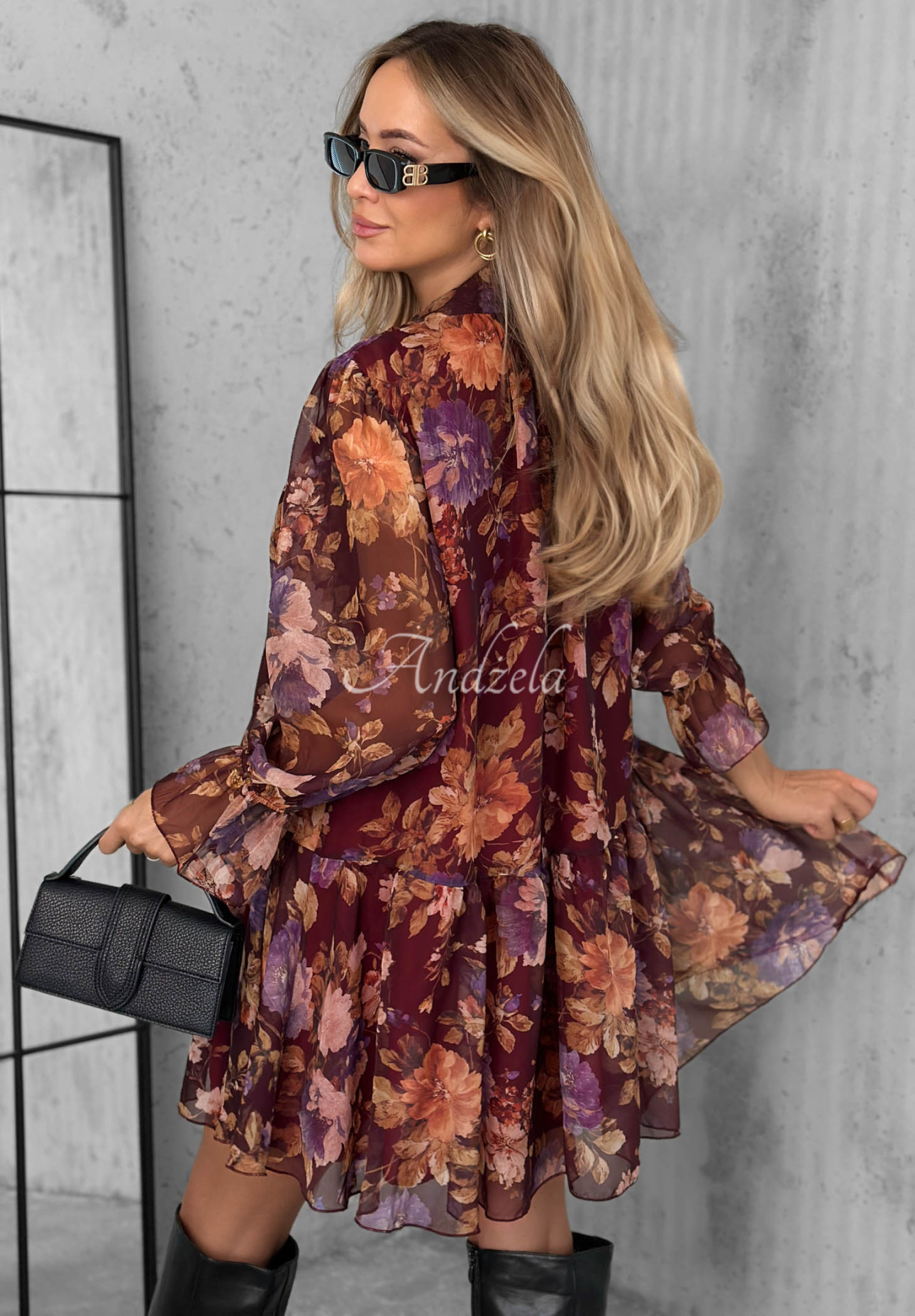 Rochie cu imprimeu floral, cordon și volănașe Rusty Rose