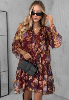 Kwiecista Rochie z wiązaniem i falbankami Rusty Rose burgundowa