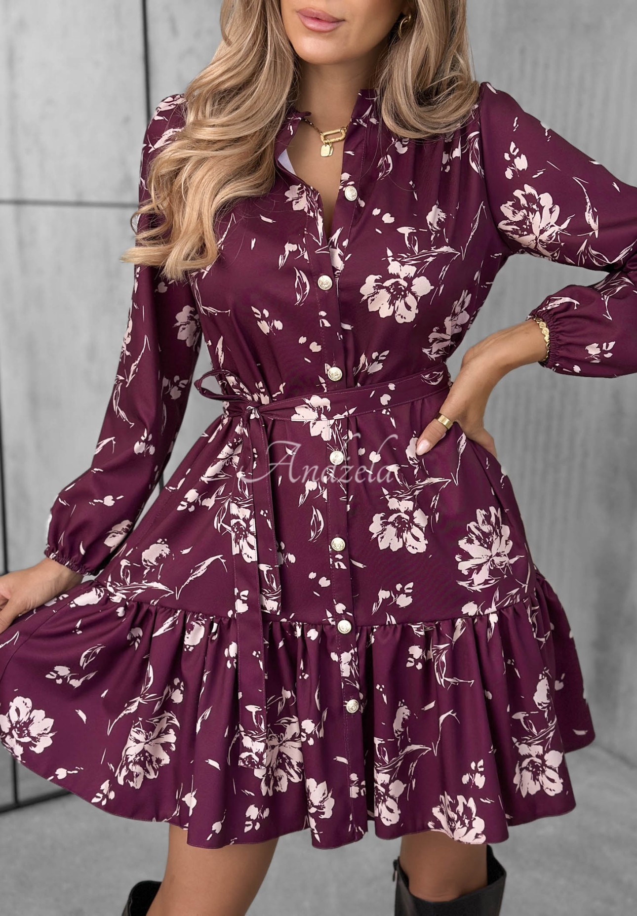 Rochie tip cămașă din vâscoză cu volănaș și imprimeu floral Call My Name