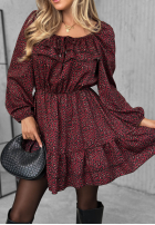 Rochie mini z falbankami cu model tip panteră Soft Autumn burgundowa