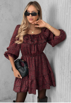 Rochie mini z falbankami cu model tip panteră Soft Autumn burgundowa