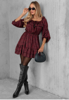Rochie mini z falbankami cu model tip panteră Soft Autumn burgundowa