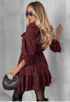 Rochie mini z falbankami cu model tip panteră Soft Autumn burgundowa