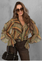 Cămașă z falbankami w paski Soft Allure oliwkowo-camel