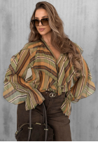 Cămașă z falbankami w paski Soft Allure oliwkowo-camel