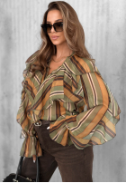Cămașă z falbankami w paski Soft Allure oliwkowo-camel