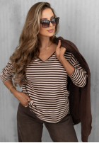 Bluză longsleeve z dekoltem w paski Lovely Autumn beżowo-ciocolatie