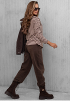 Bluză longsleeve z dekoltem w paski Lovely Autumn beżowo-ciocolatie