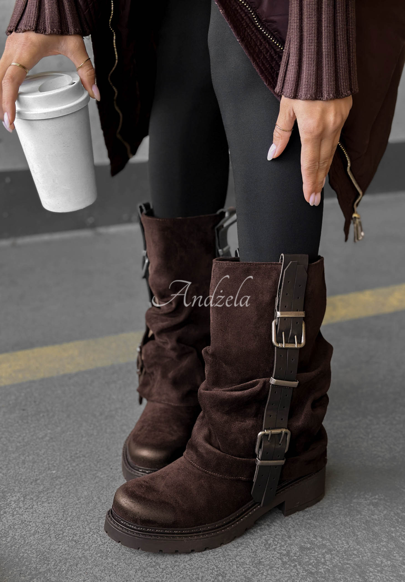 Botine biker din piele întoarsă cu catarame Modern Way