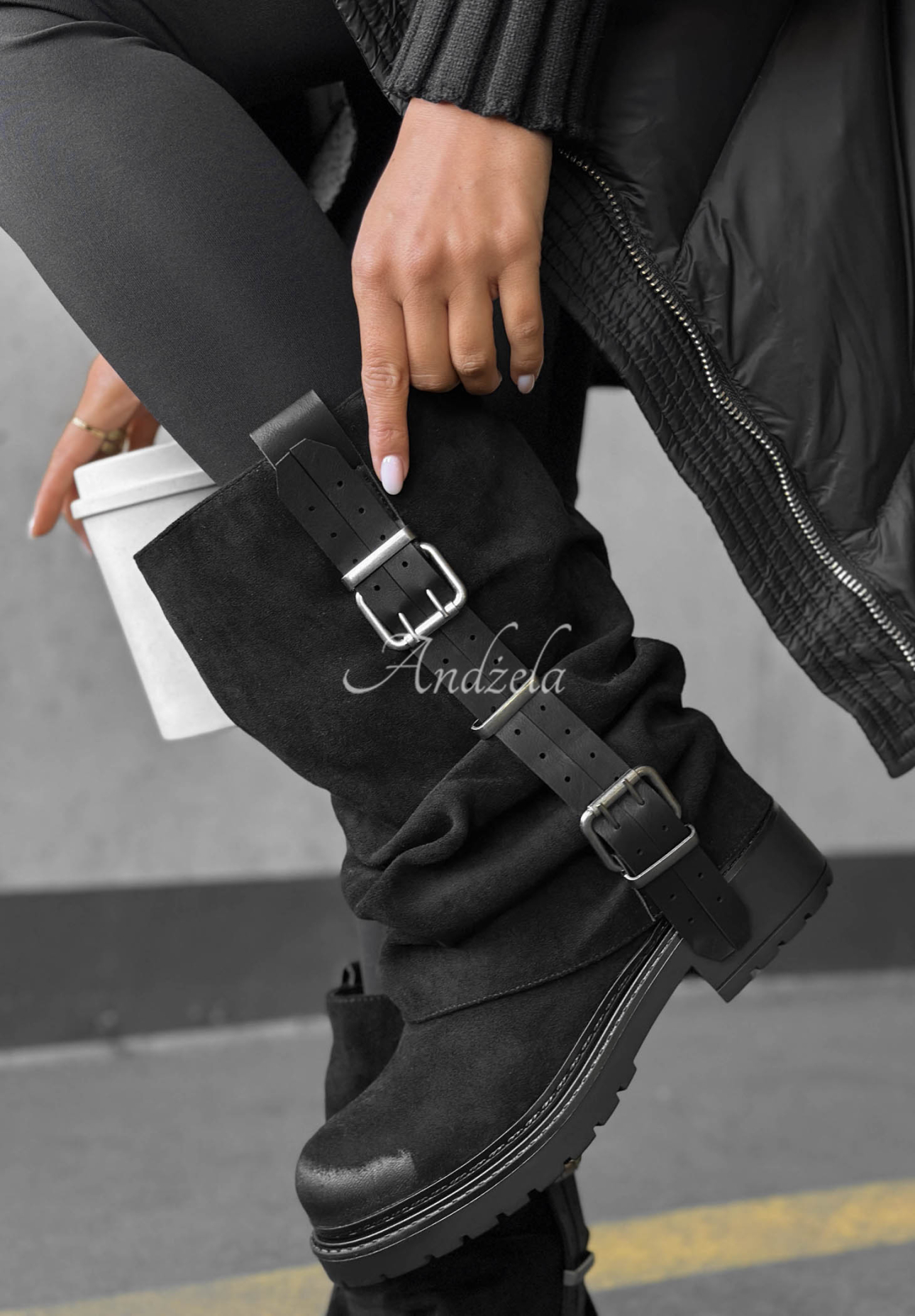 Botine biker din piele întoarsă cu catarame Modern Way