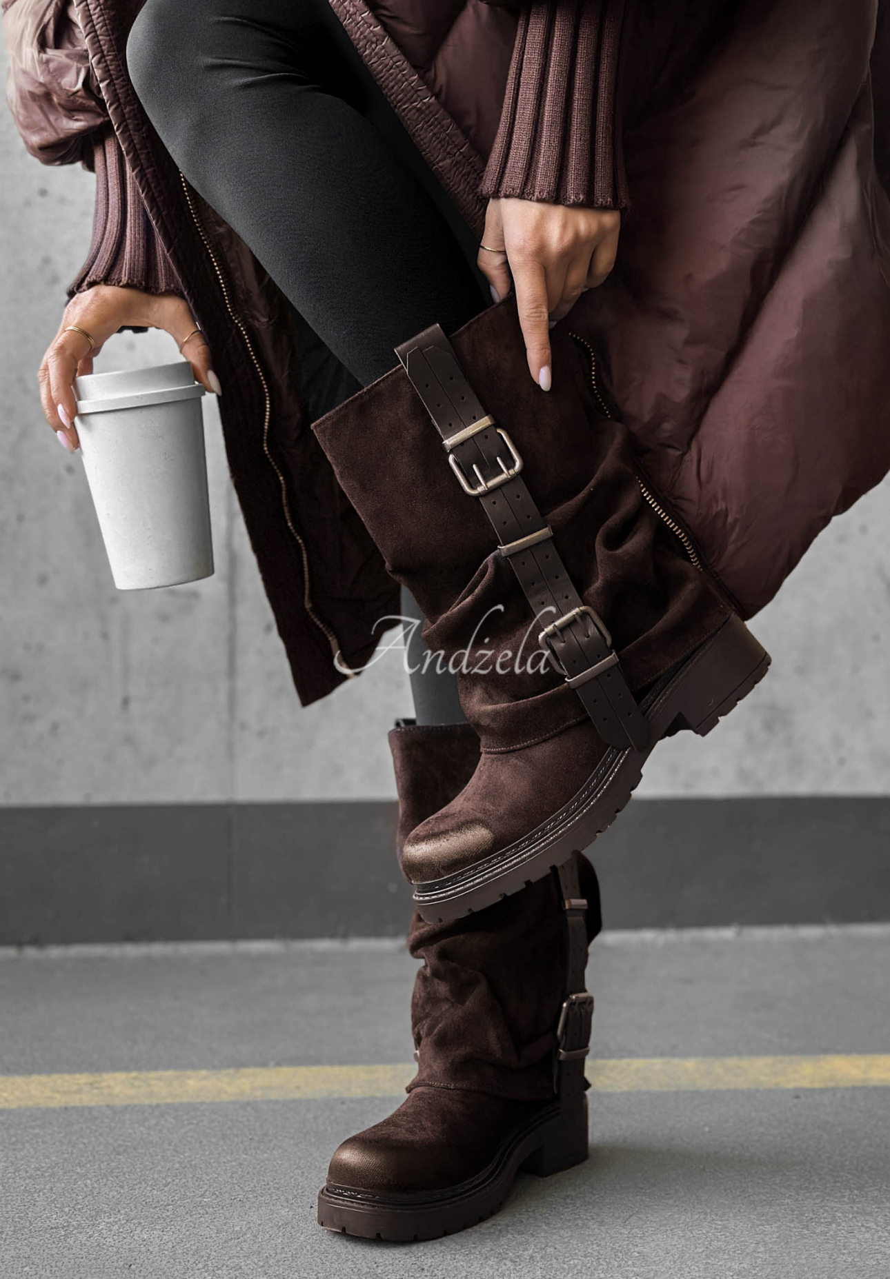 Botine biker din piele întoarsă cu catarame Modern Way