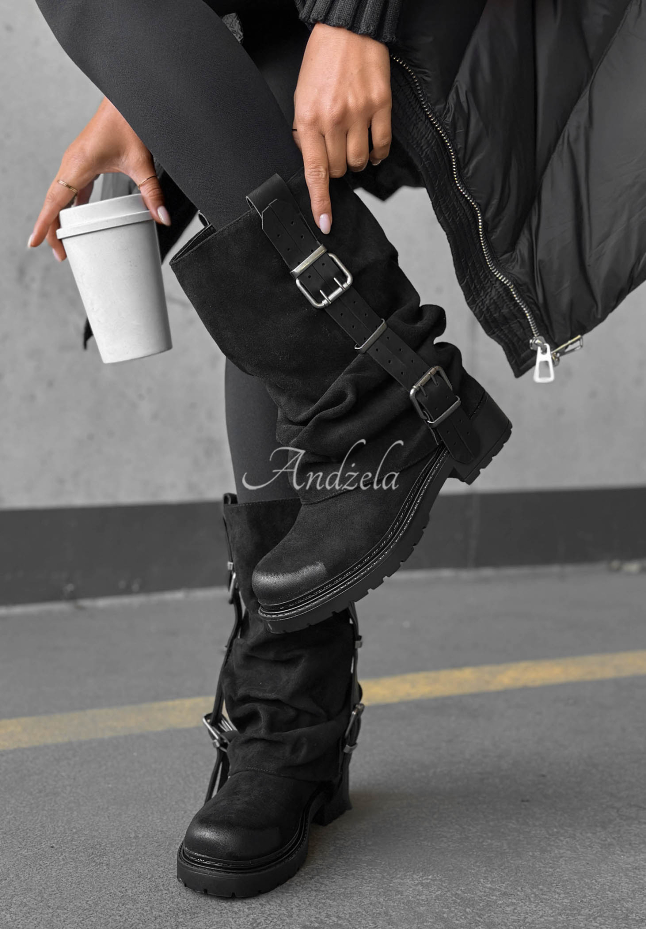 Botine biker din piele întoarsă cu catarame Modern Way