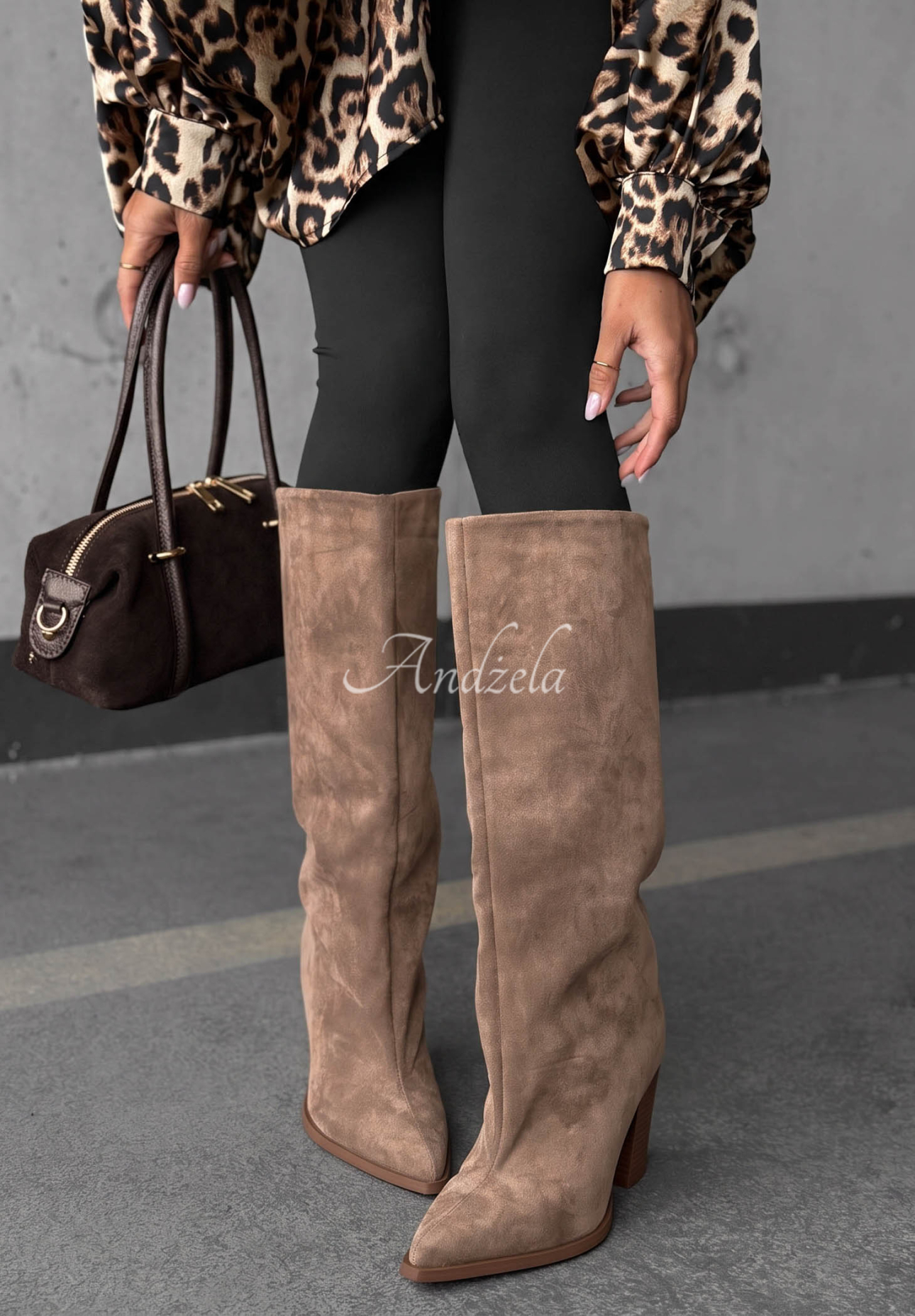Cizme lungi din piele întoarsă cu toc gros Fall Style
