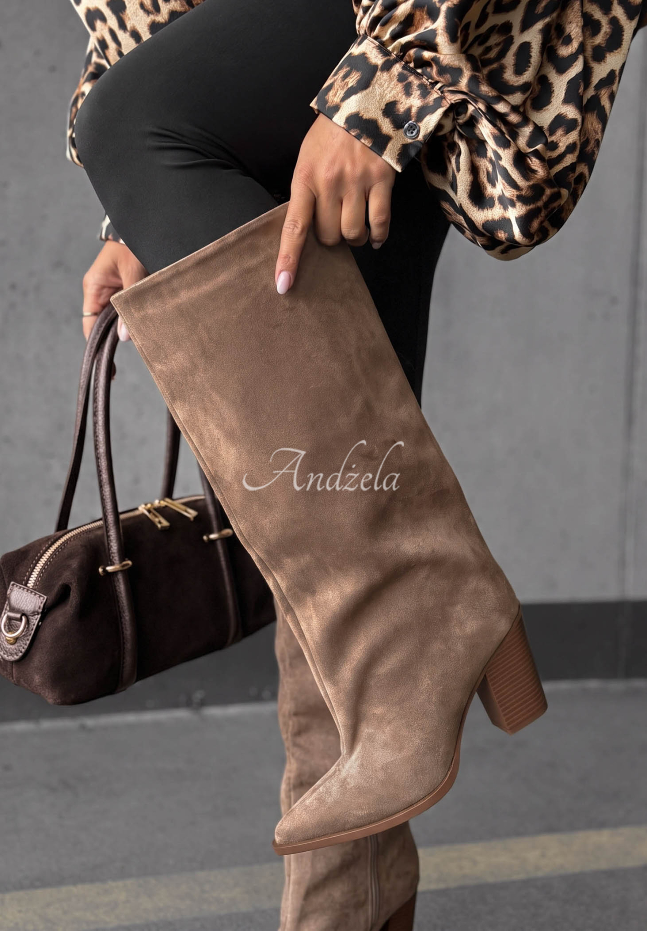 Cizme lungi din piele întoarsă cu toc gros Fall Style
