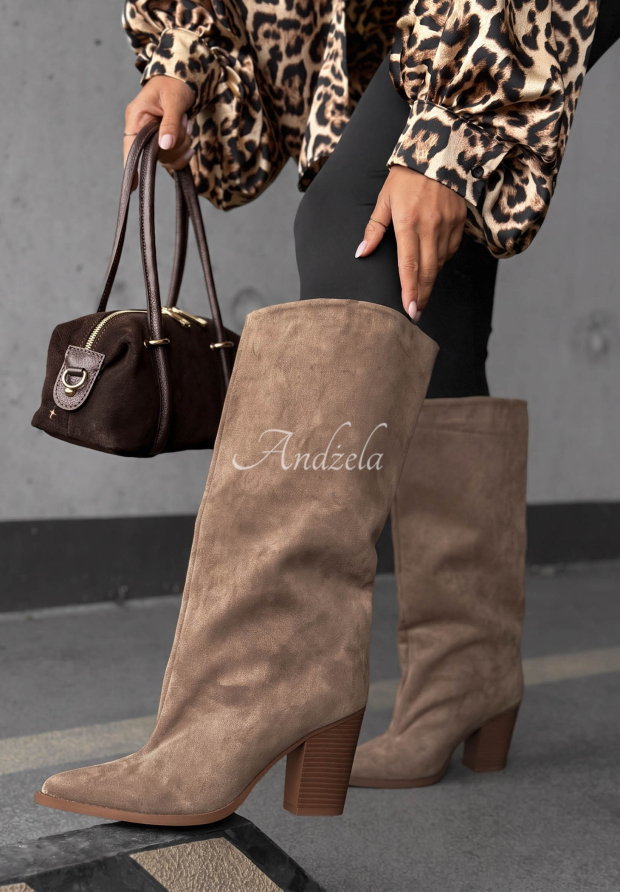 Cizme lungi din piele &icirc;ntoarsă cu toc gros Fall Style