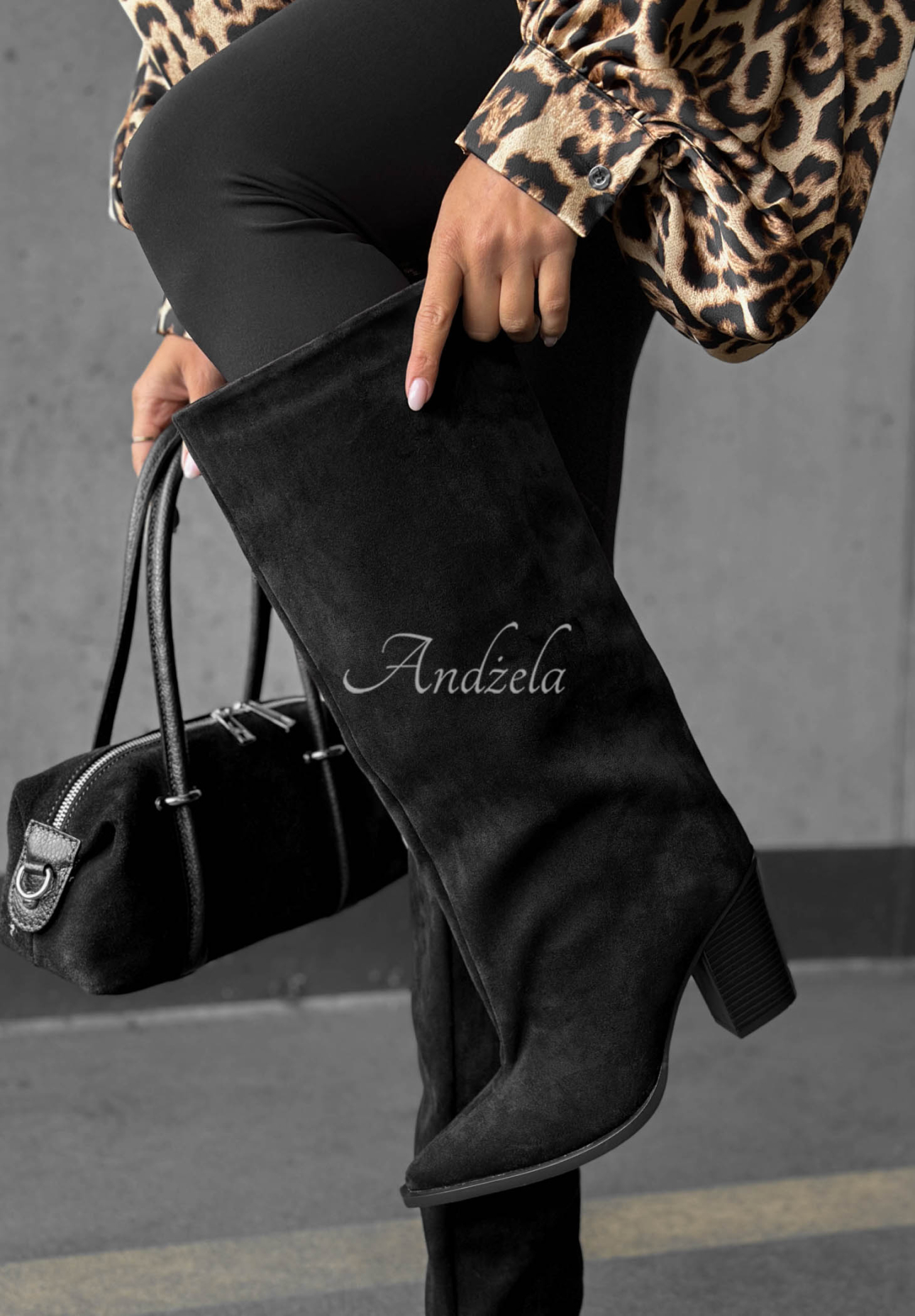 Cizme lungi din piele întoarsă cu toc gros Fall Style