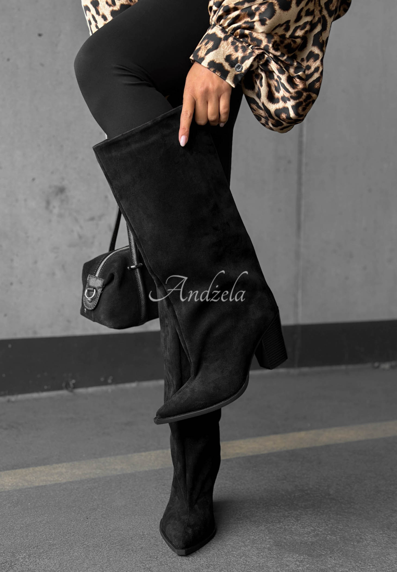 Cizme lungi din piele întoarsă cu toc gros Fall Style