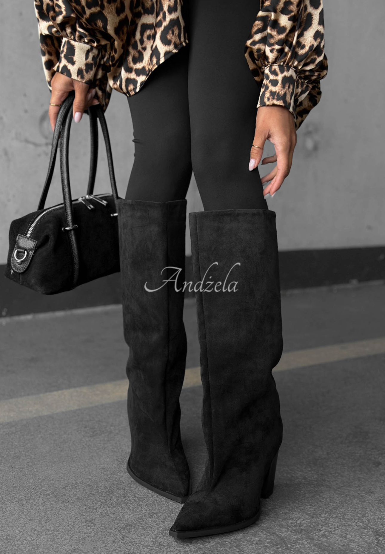 Cizme lungi din piele întoarsă cu toc gros Fall Style