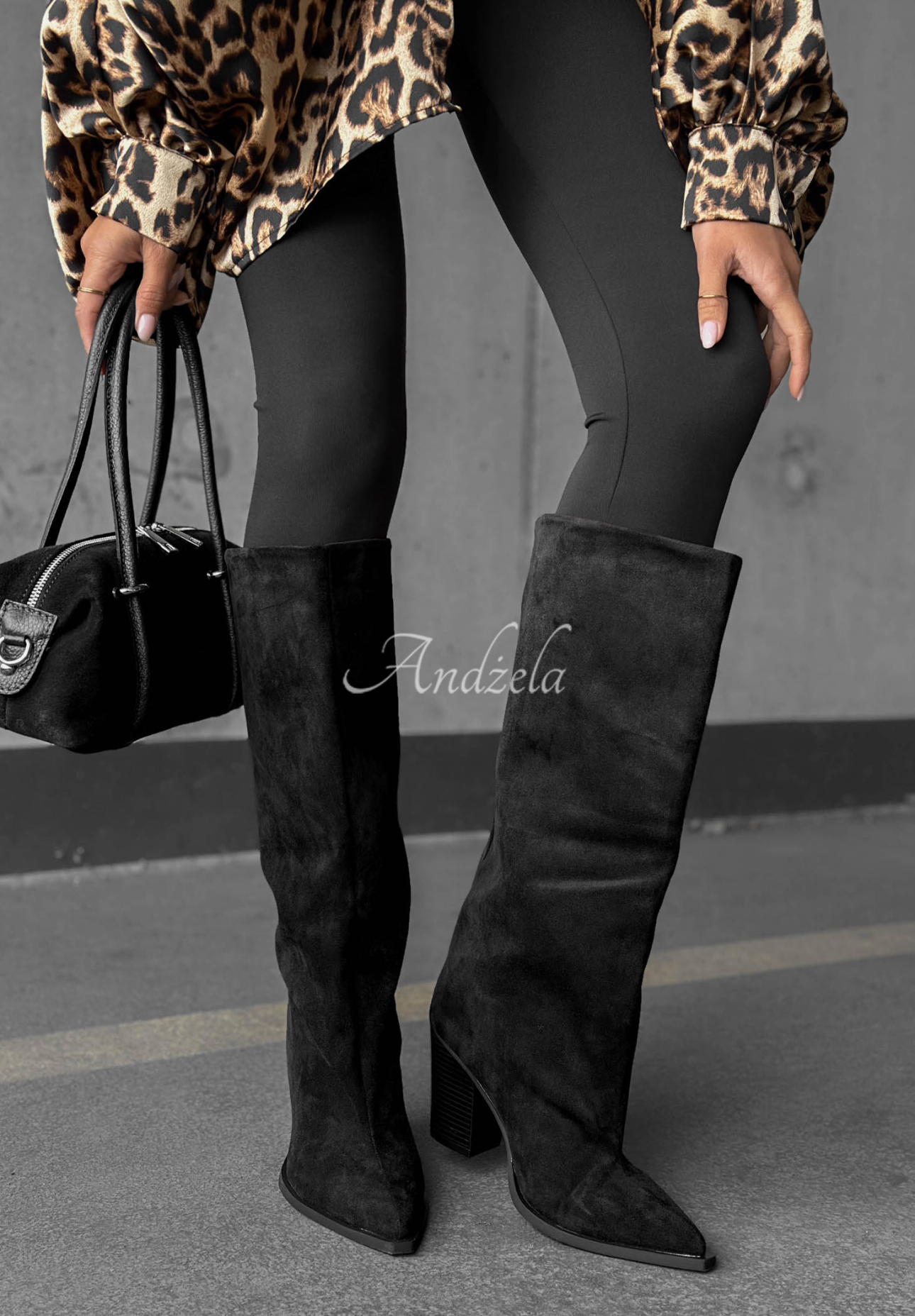 Cizme lungi din piele întoarsă cu toc gros Fall Style