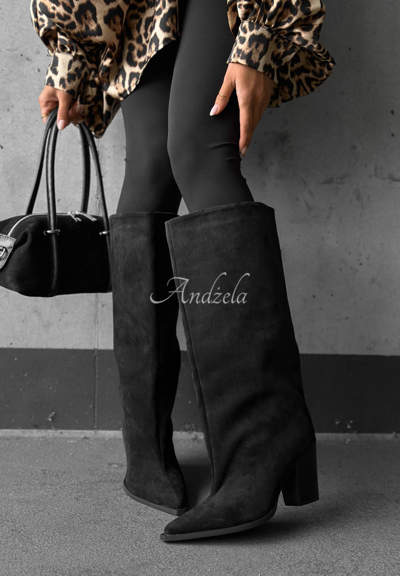 Cizme lungi din piele întoarsă cu toc gros Fall Style