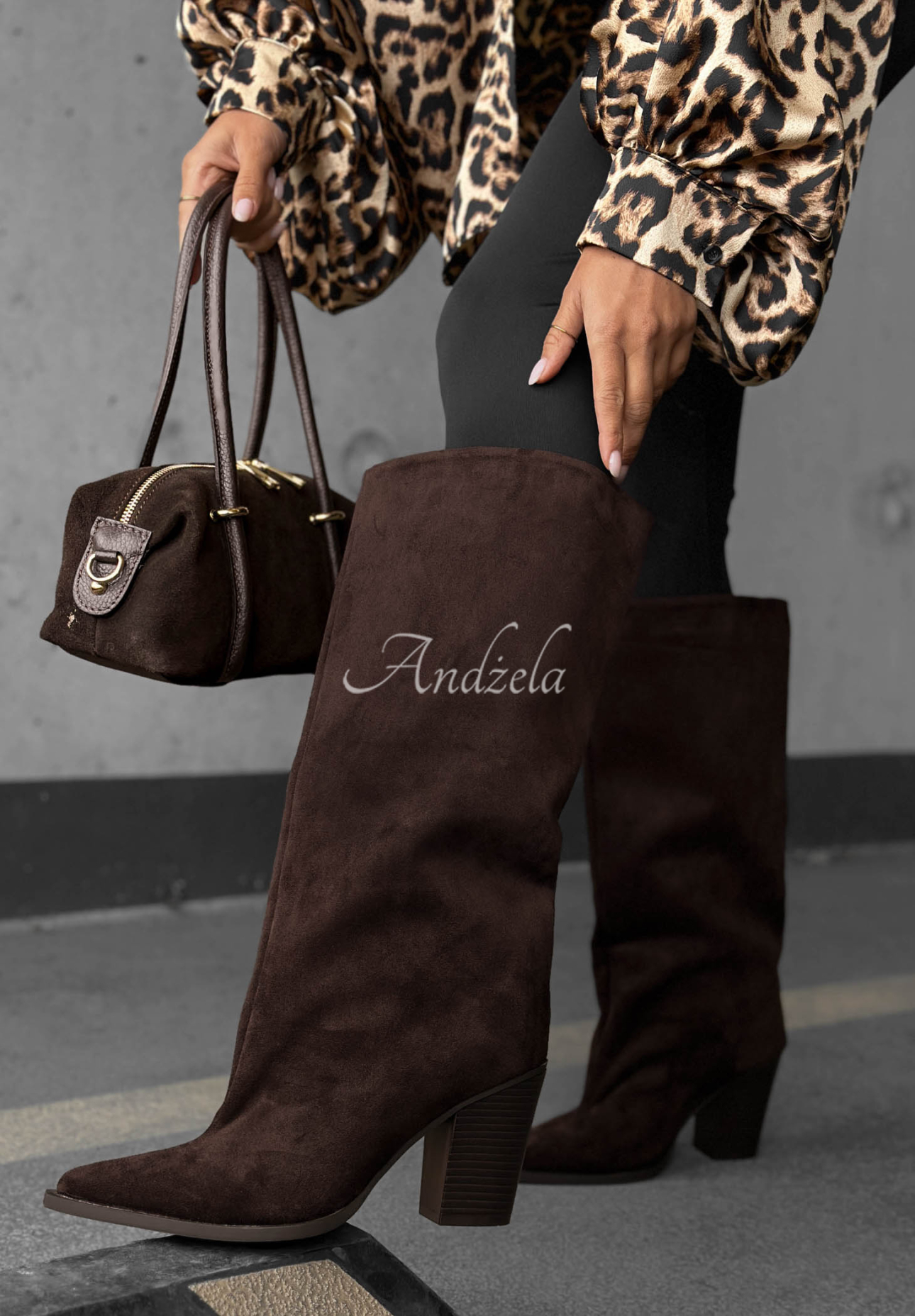 Cizme lungi din piele întoarsă cu toc gros Fall Style