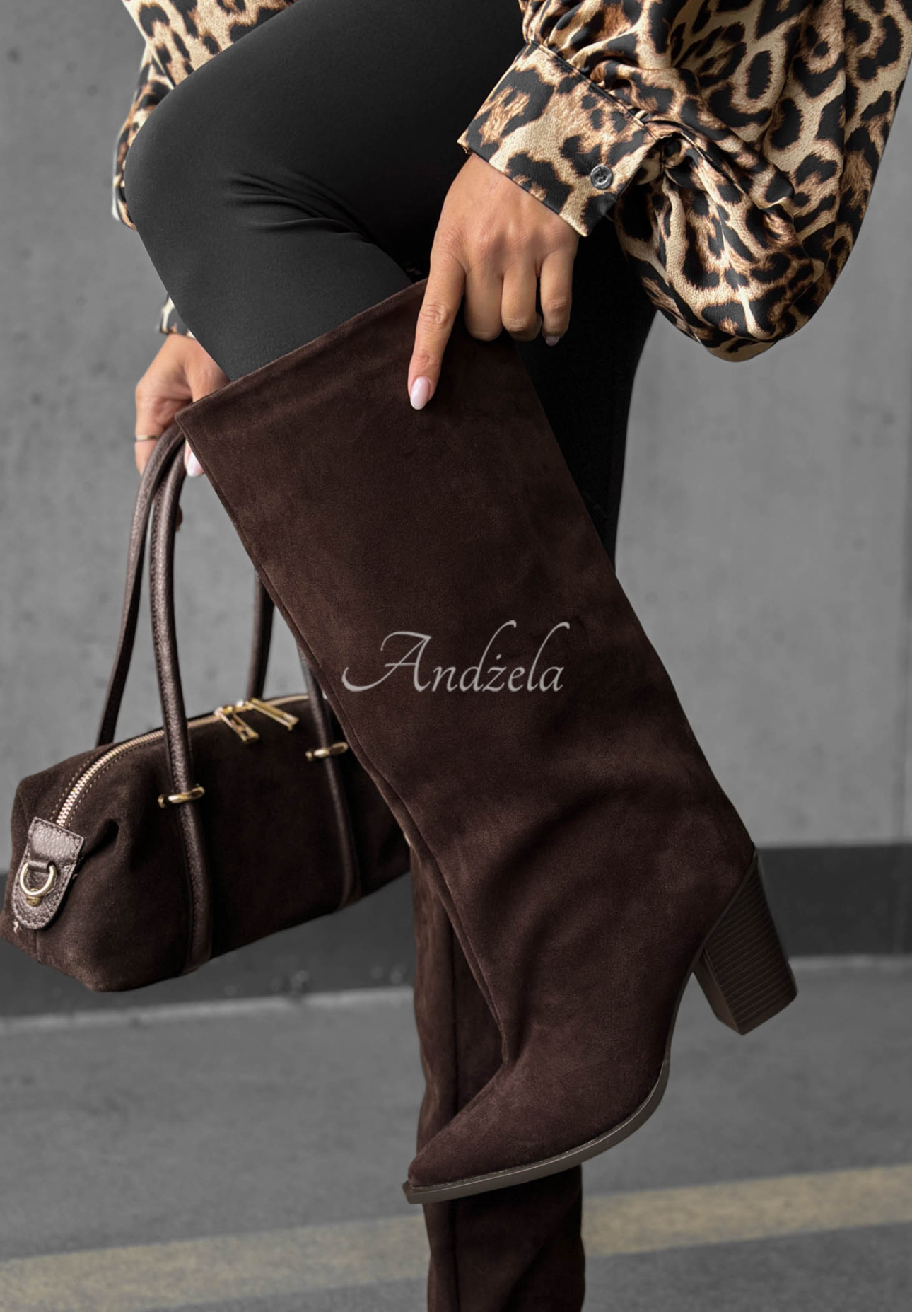 Cizme lungi din piele întoarsă cu toc gros Fall Style